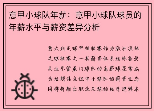 意甲小球队年薪：意甲小球队球员的年薪水平与薪资差异分析